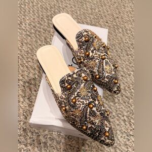 Ornate Gold and Black Embellished Mules